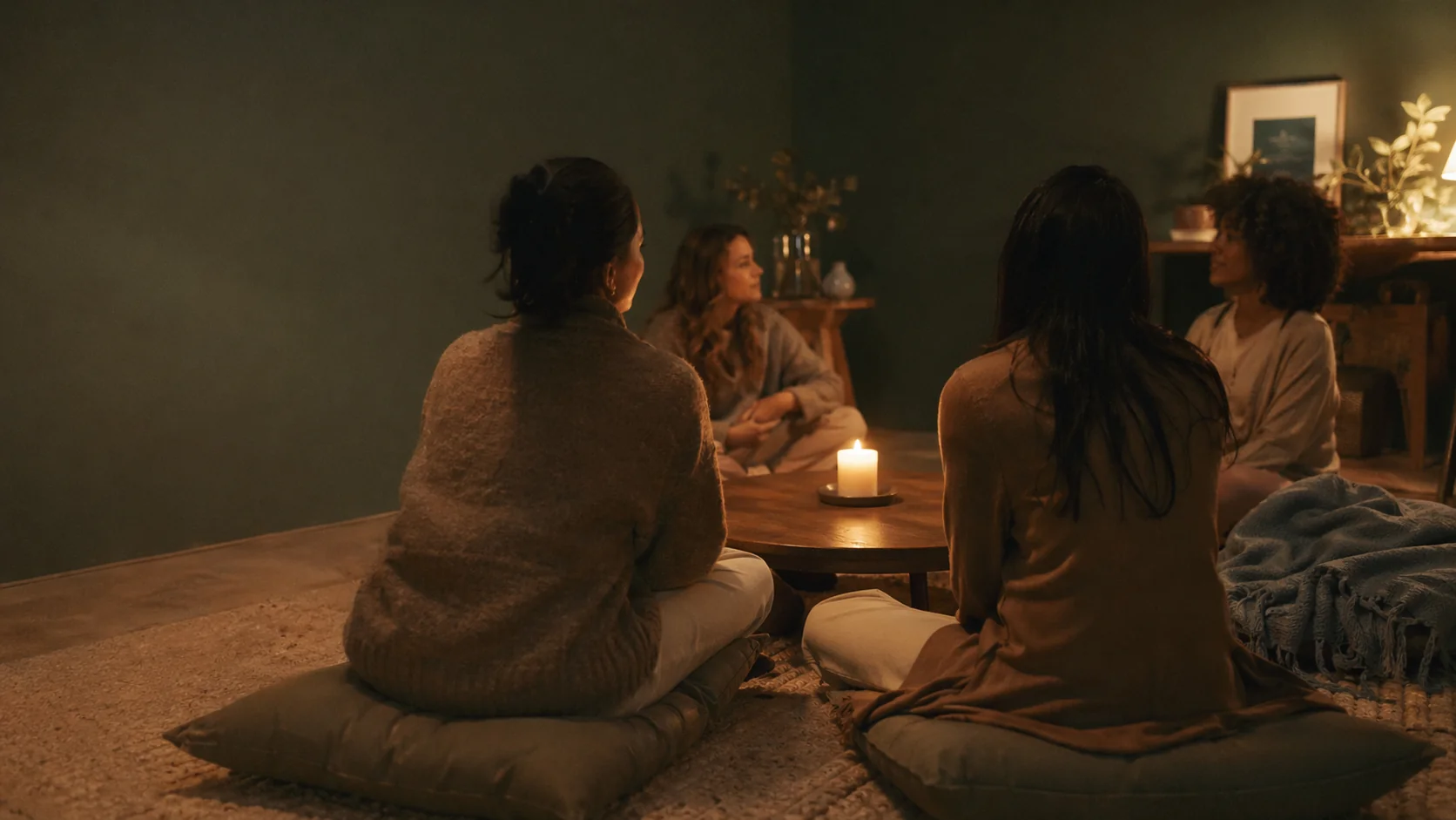 A small circle of adults talking together by candlelight