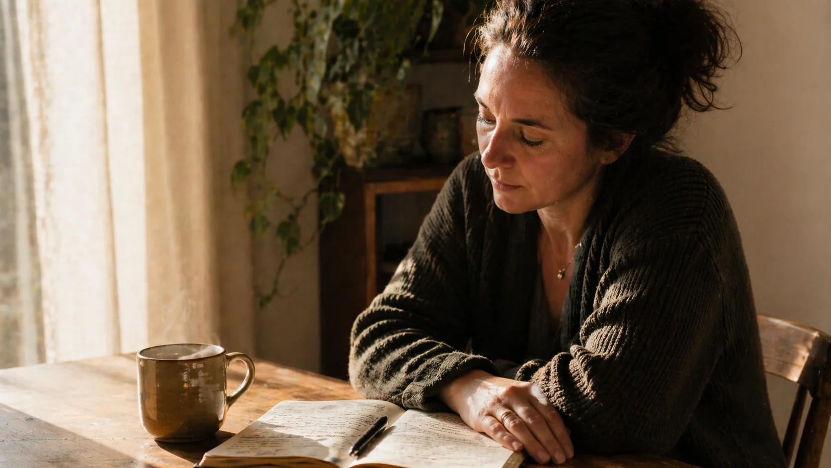 A woman sitting at a sunlit table with a journal and a warm mug